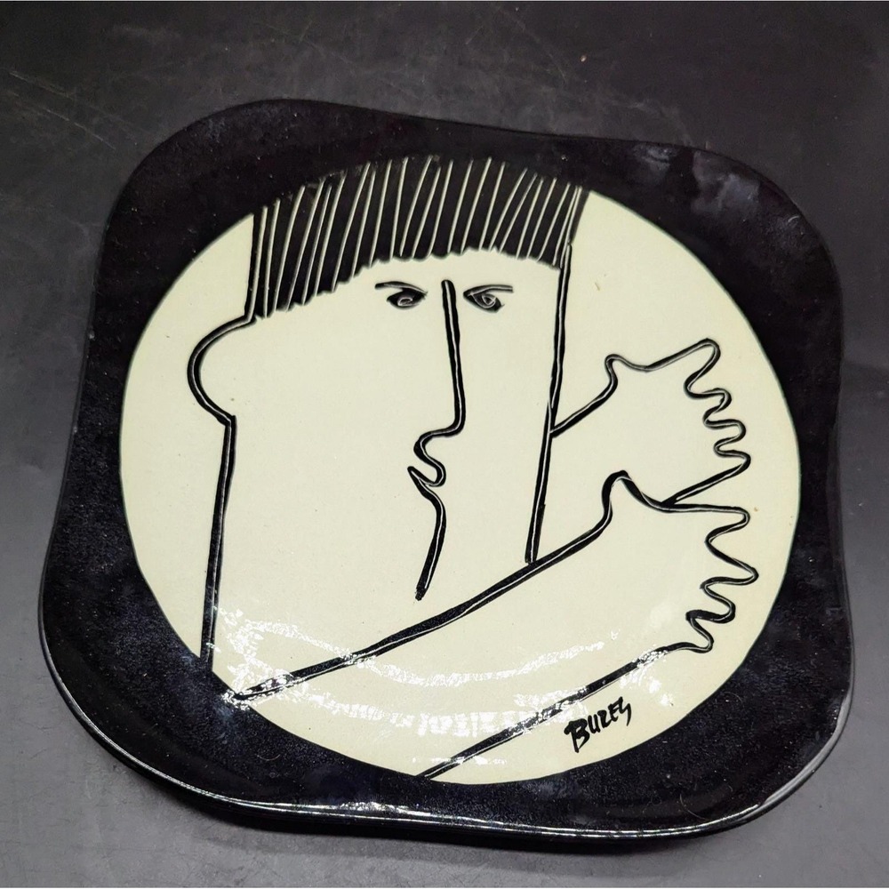 Vintage 1980s Bures Face Plate Design Modernist Pop Art Figural Ceramic Plate